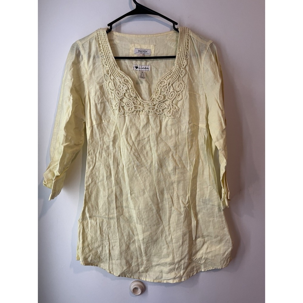 Malvin I Love Linen Yellow Tunic With Embroidered Neckline 3/4 Sleeve Size Small